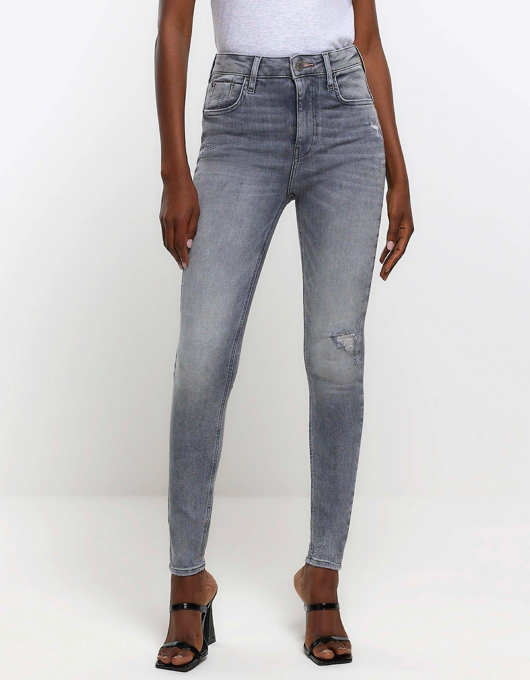 High Waist Super Skinny Ripped Jeans - Grey, 2 of 1