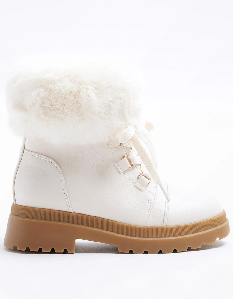 Girls Faux Fur Trim Hiker Boots - Cream
