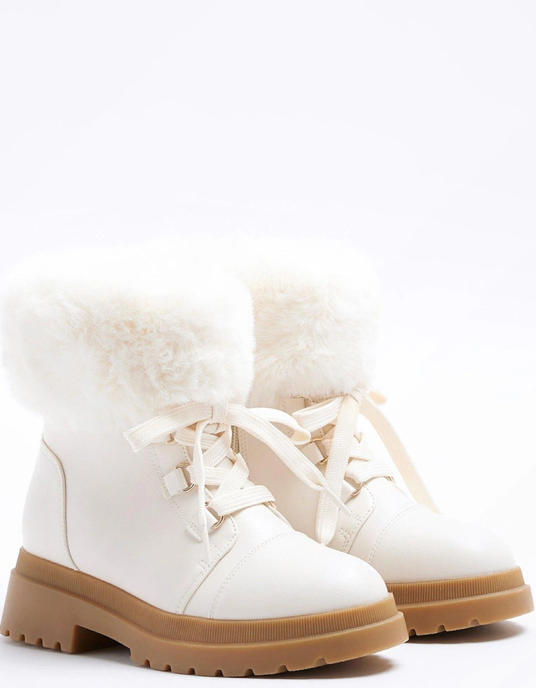 Girls Faux Fur Trim Hiker Boots - Cream