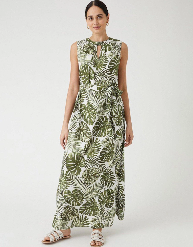 Leaf Print Sleeveless Maxi Dress - Green