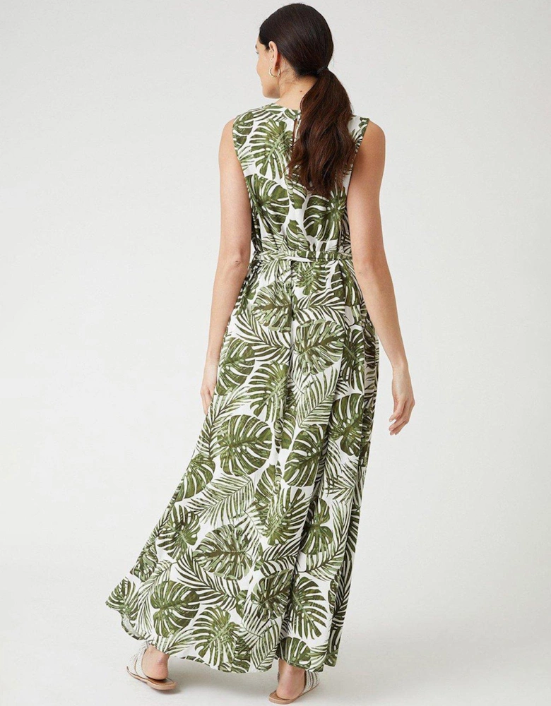 Leaf Print Sleeveless Maxi Dress - Green