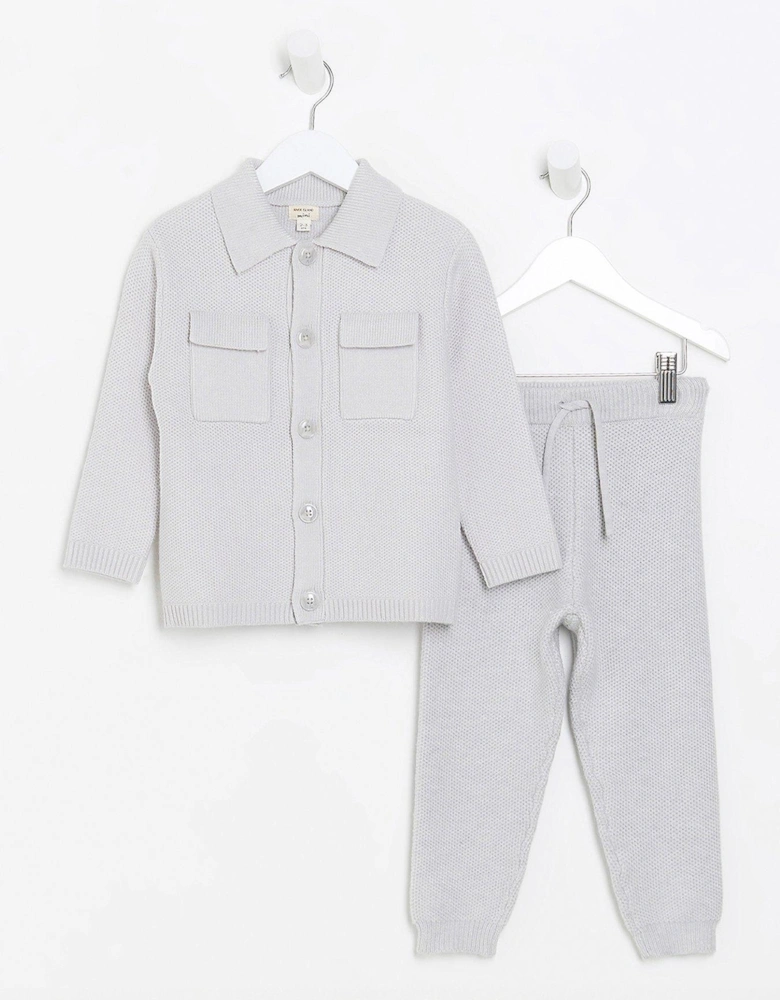 Mini Boys Knit Shirt And Joggers Set - Grey