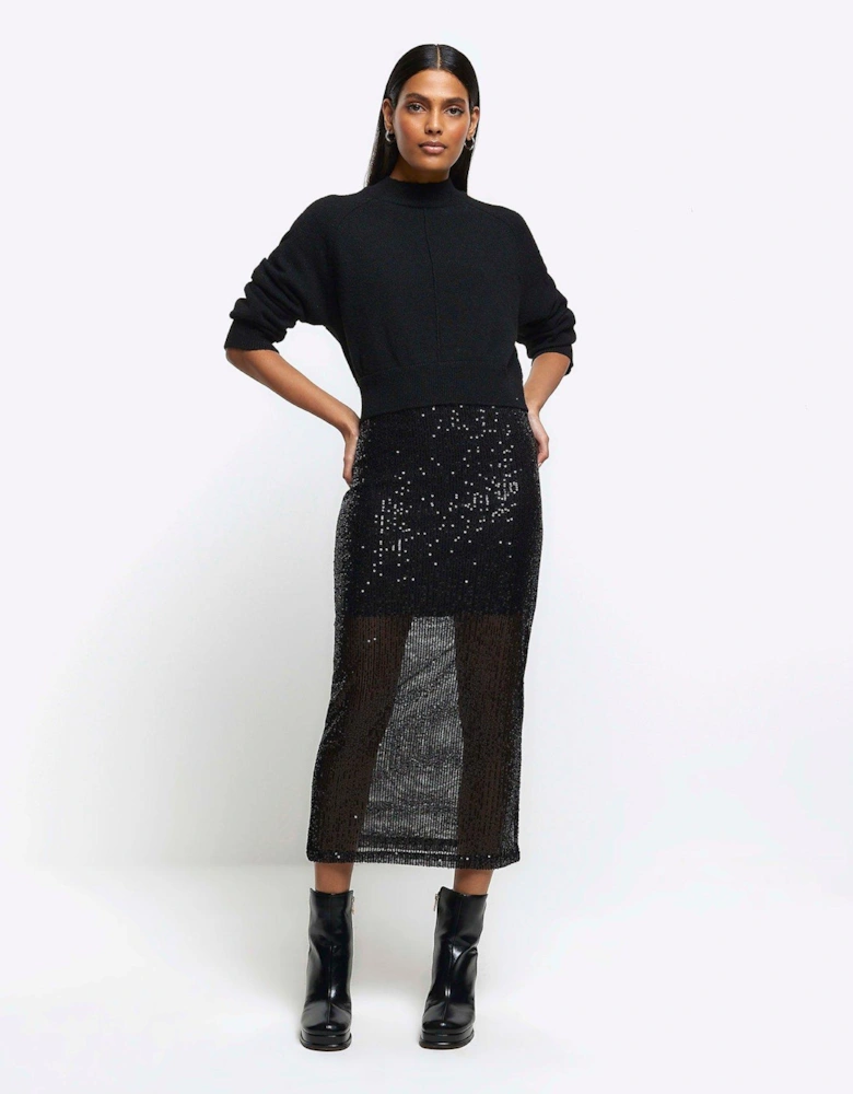 Sequin Jumper Dress - Black