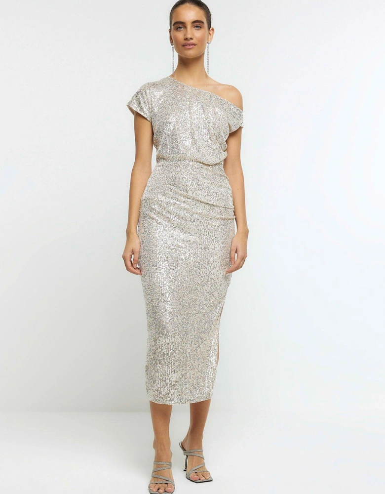 Ruched Bardot Dress - Silver
