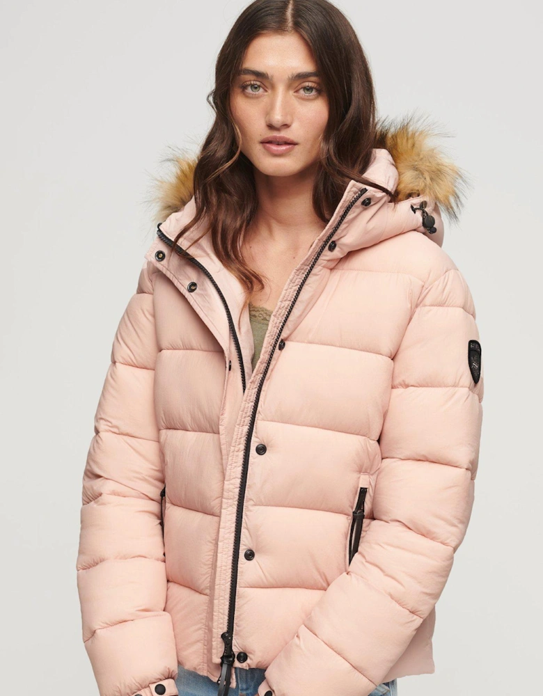 Faux Fur Short Hooded Puffer Jacket - Pink
