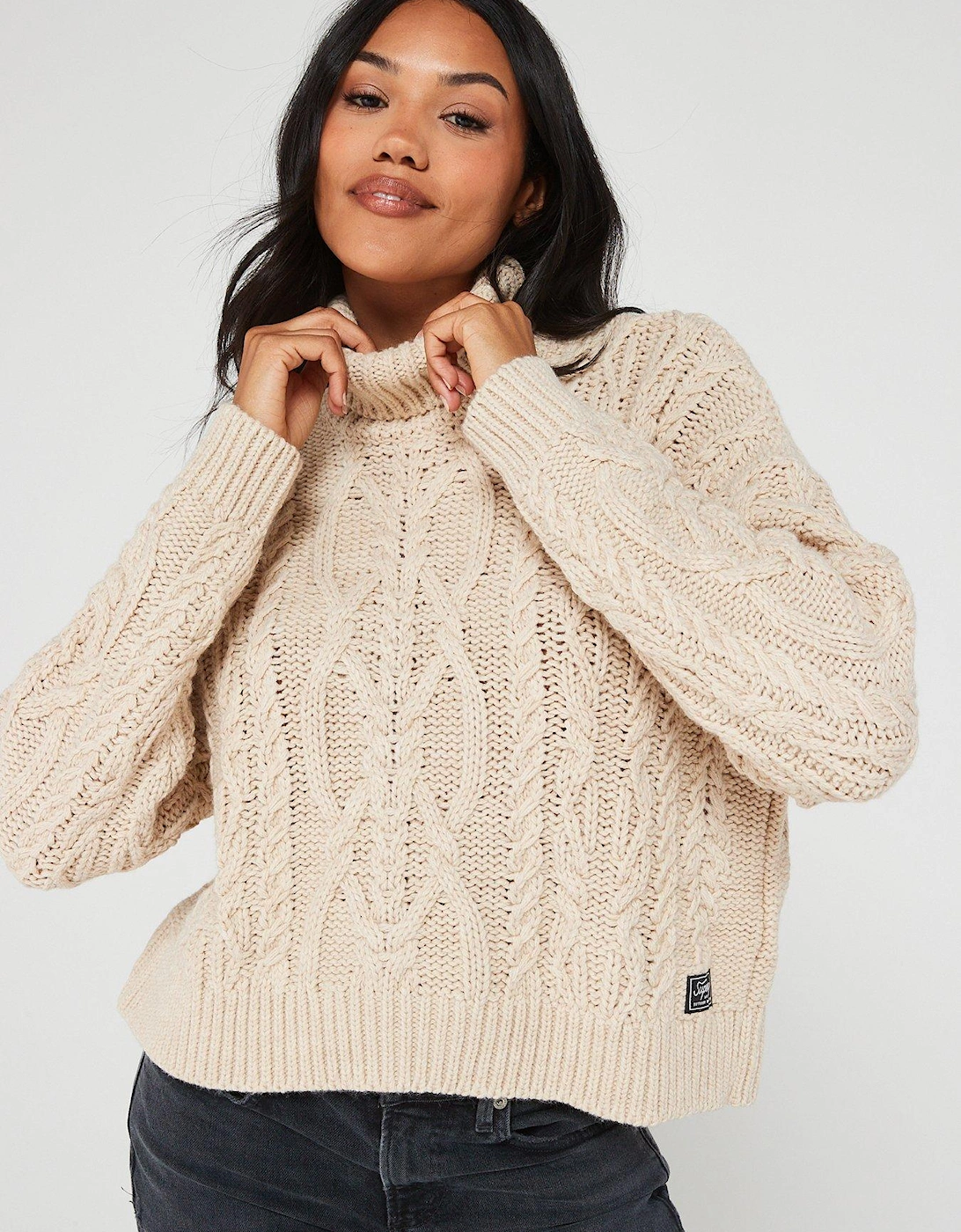Cable Knit Polo Neck Jumper - Beige, 3 of 2