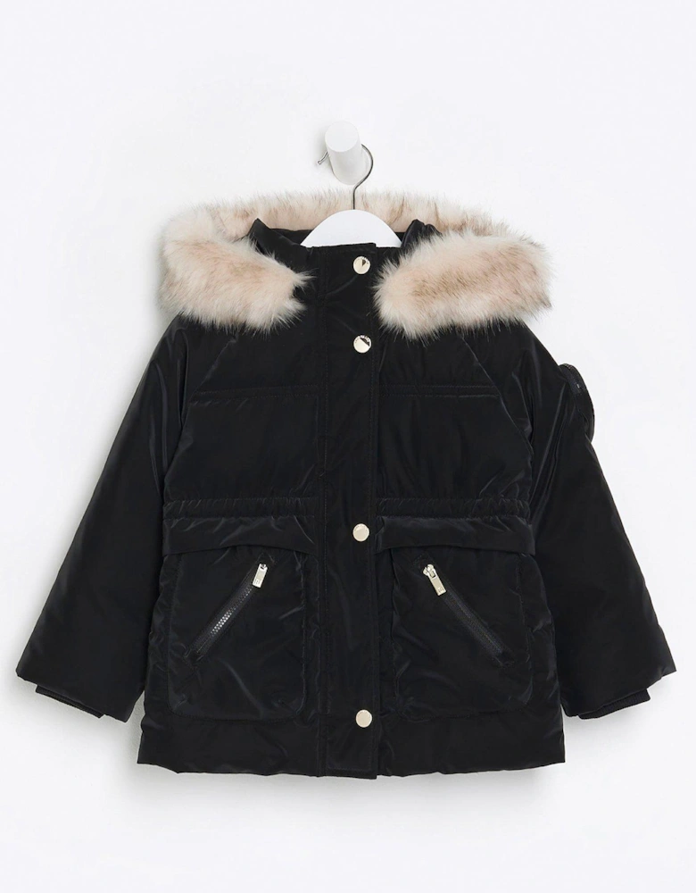 Mini Girl Velvet Look Hooded Jacket - Black