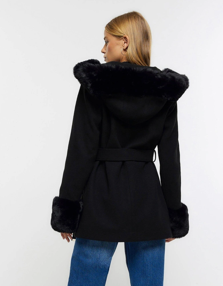 Faux Fur Belted Robe - Black