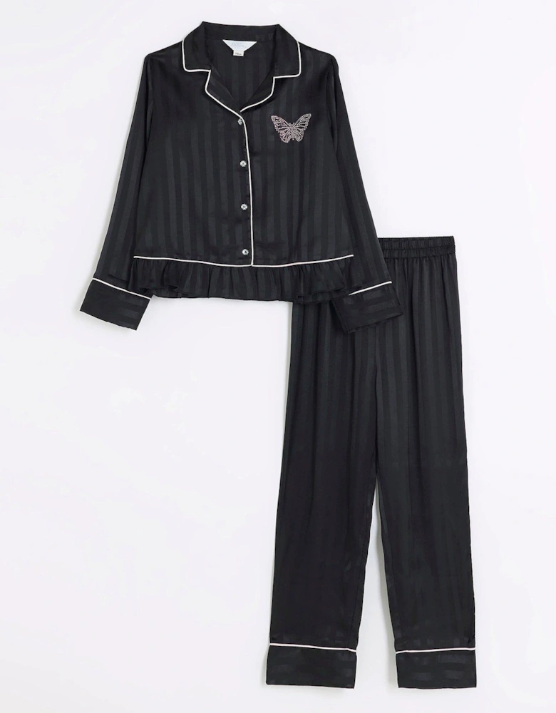 Girls Satin Long Sleeve Pyjama Set - Black