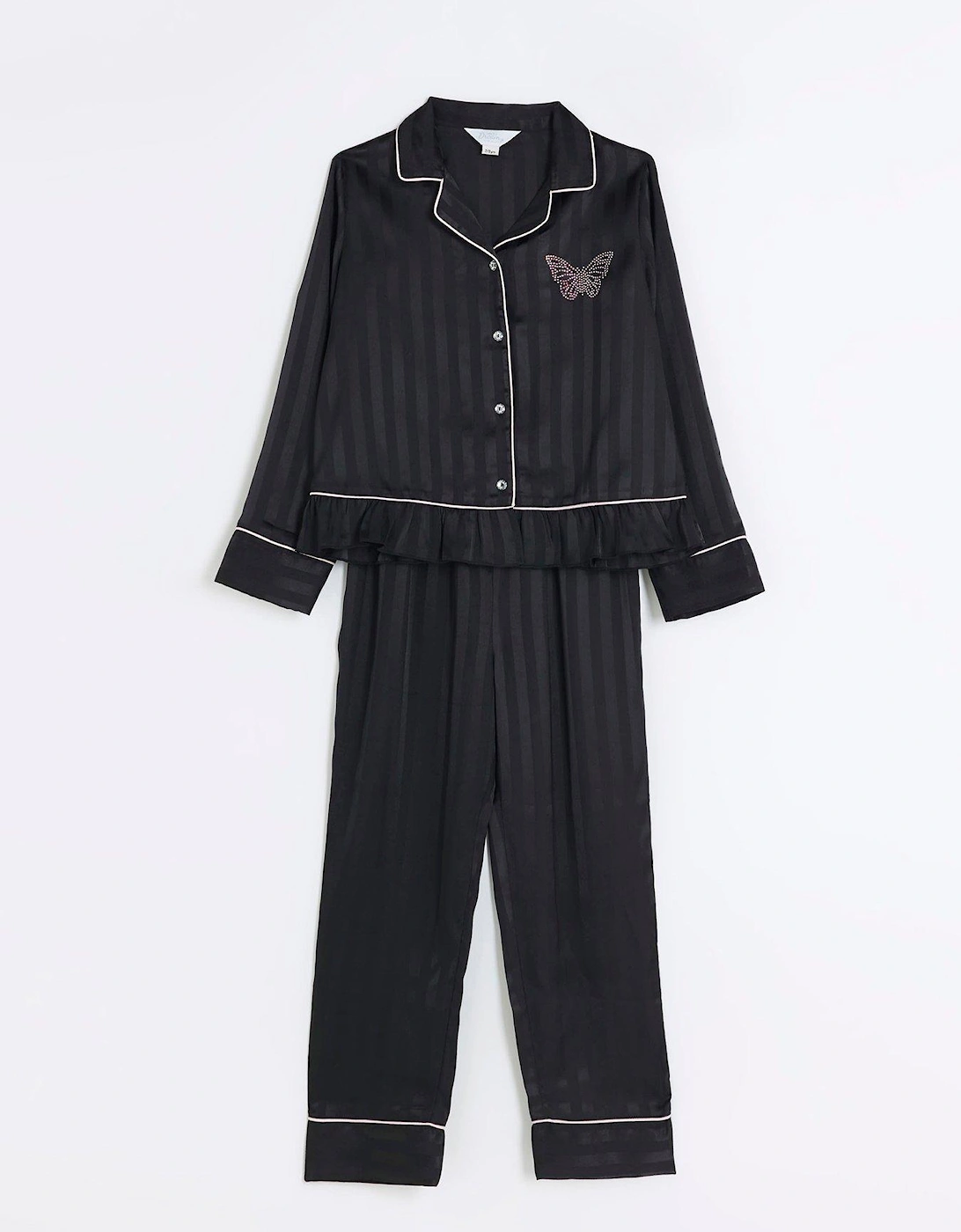 Girls Satin Long Sleeve Pyjama Set - Black