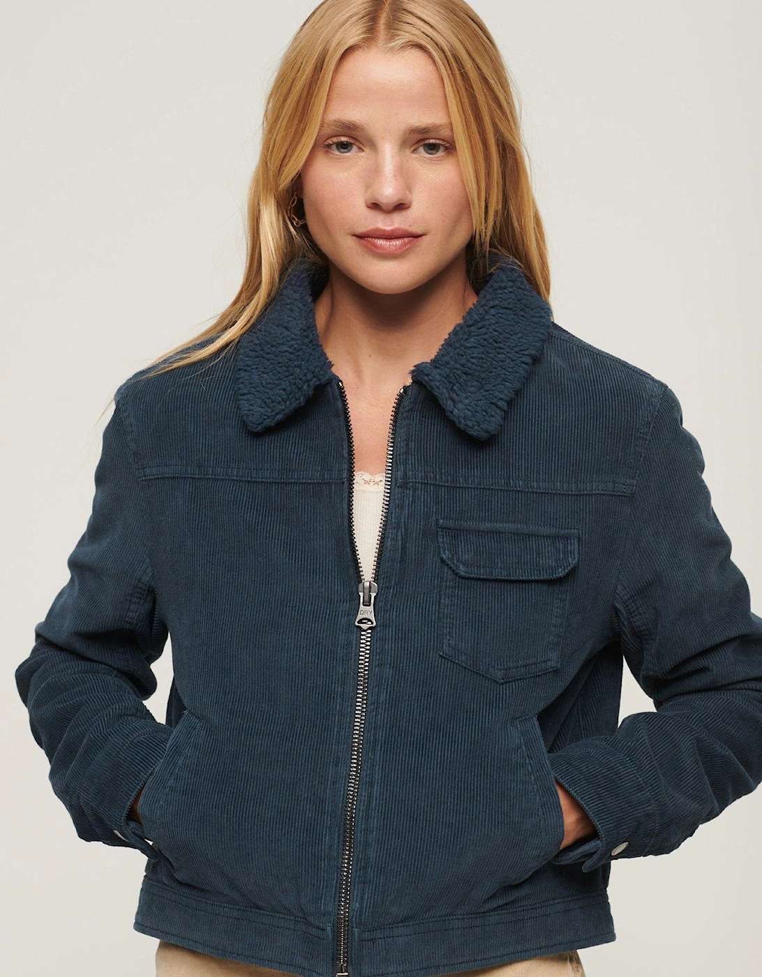 Cropped Sherpa Lined Cord Jacket - Navy, 2 of 1