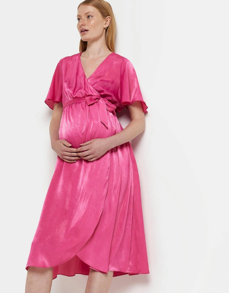 Maternity Satin Wrap Midi Dress - Pink