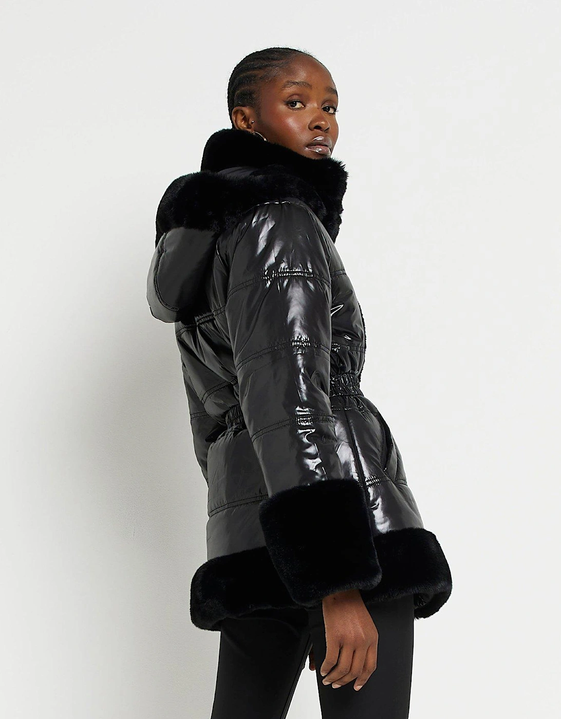 Fur Trim Belted Padded Coat - Black