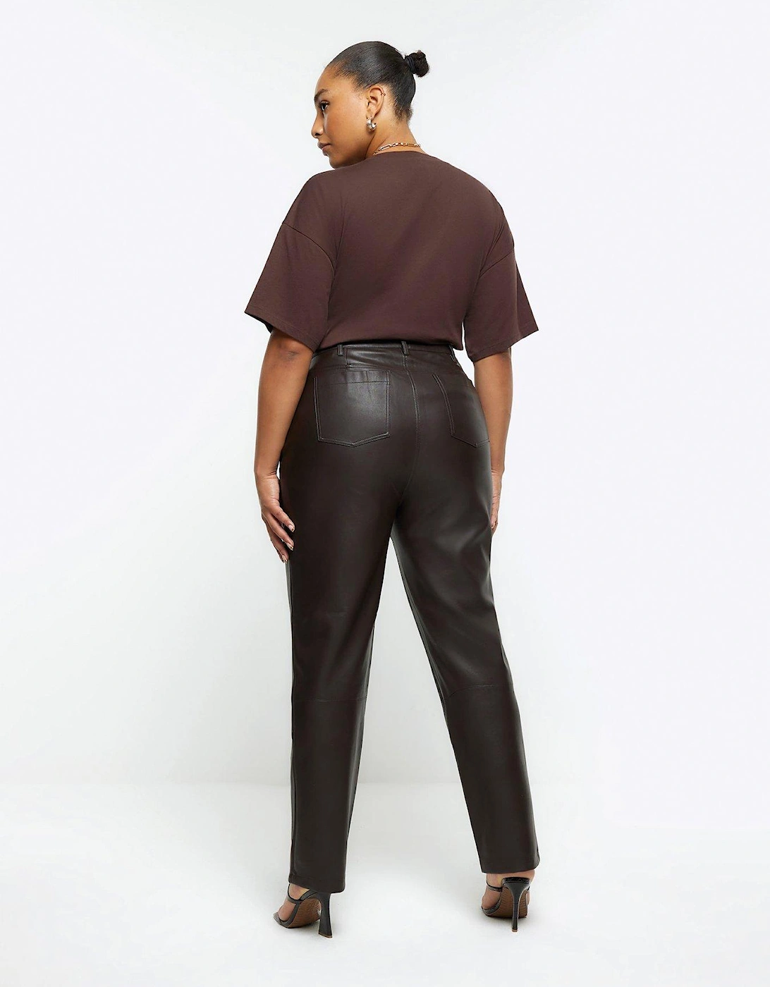 Plus PU Straight Leg Fitted Trouser - Brown