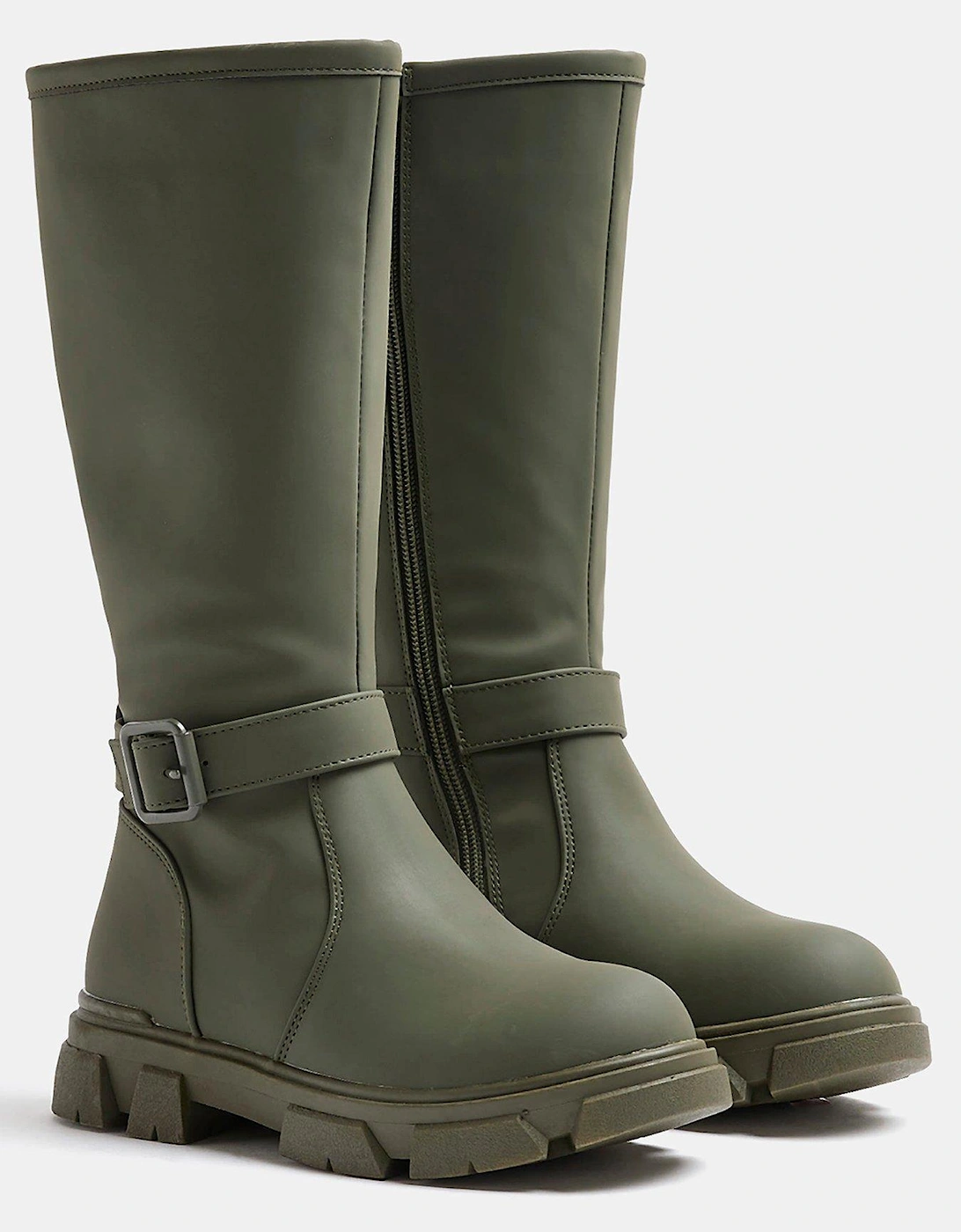 Girls Rubberised Buckle Knee High Boots - Khaki