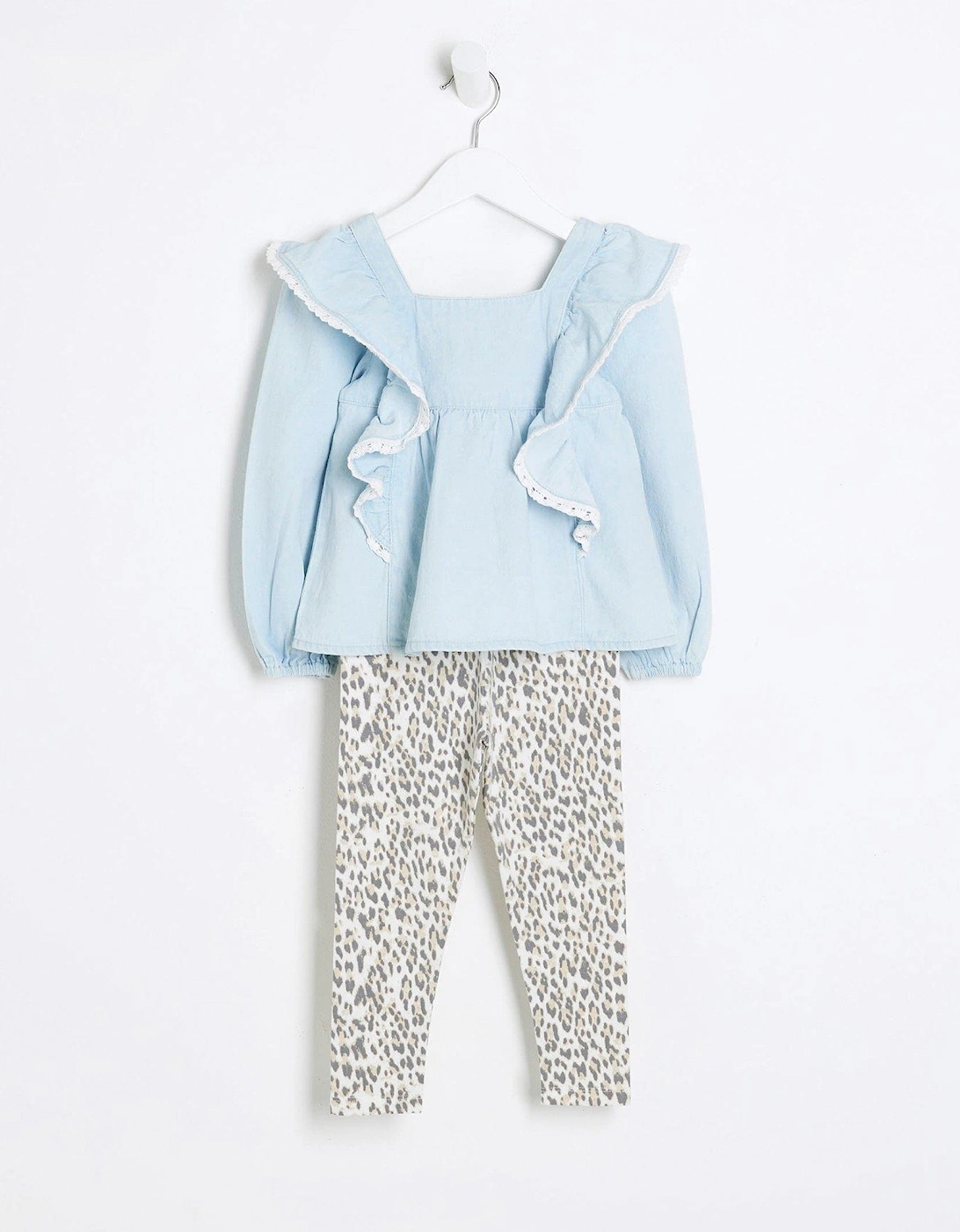 Mini Girls Denim Blouse And Leggings Set - Blue