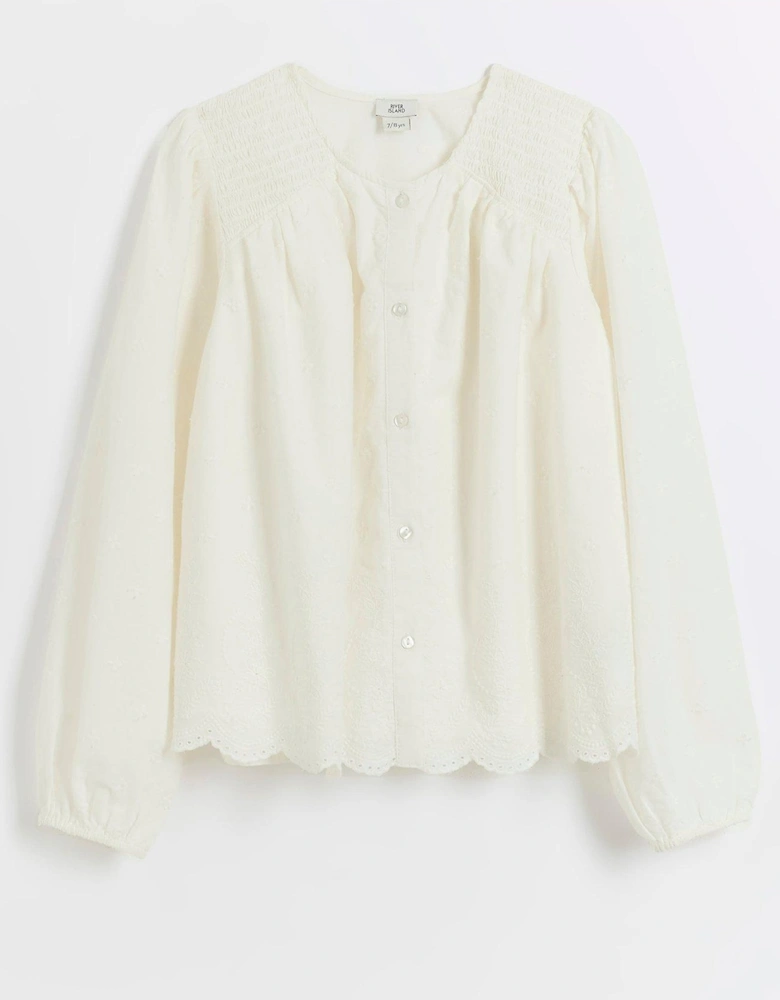Girls Embroidered Button Blouse - Cream