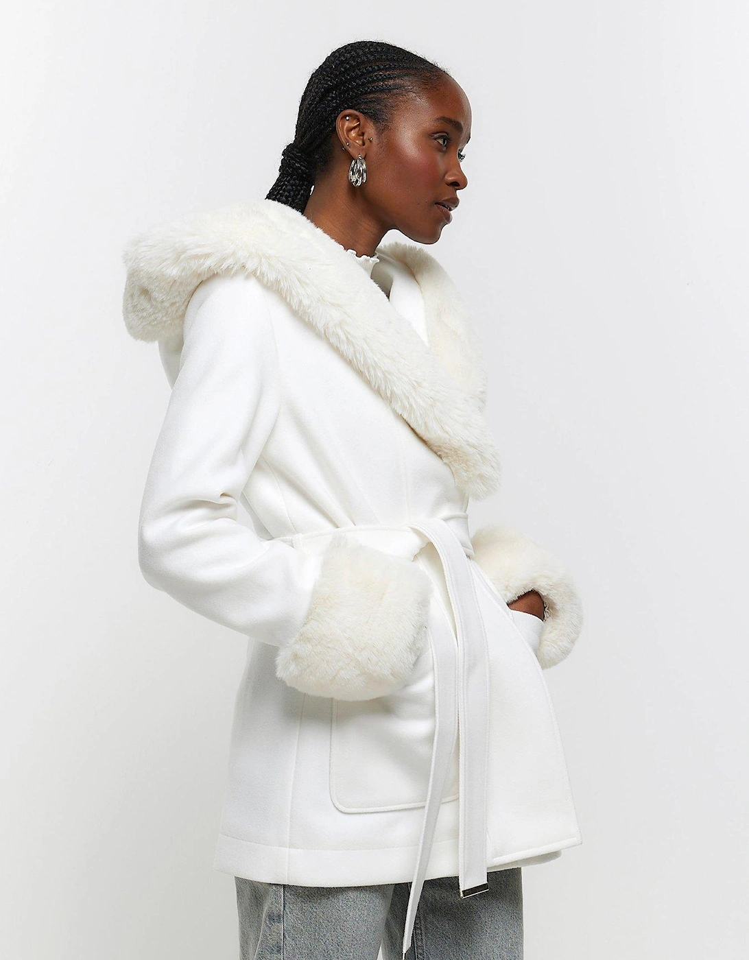 Faux Fur Belted Coat - Cream, 2 of 1