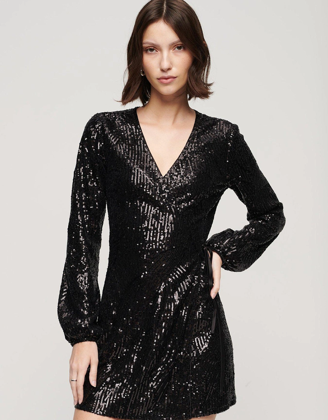 Sequin Wrap Mini Dress - Black, 2 of 1