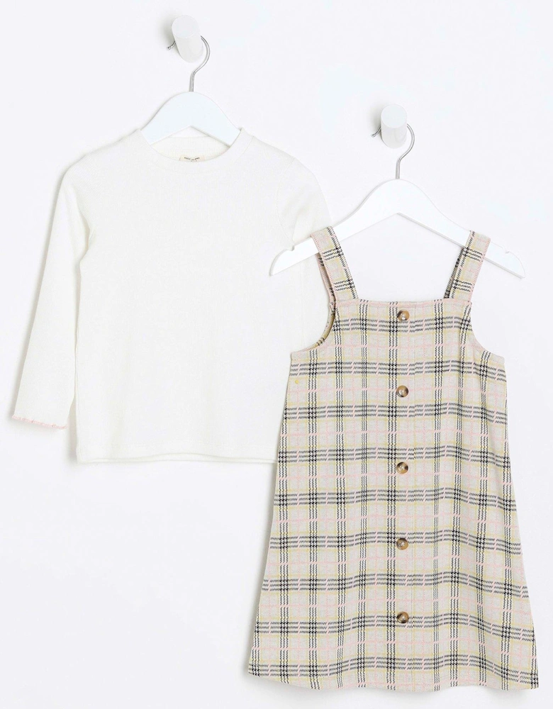 Mini Mini Girls Check Pinafore Dress Set - Beige