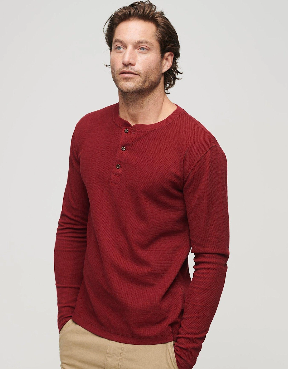 Waffle Long Sleeve Henley T-shirt - Dark Red, 2 of 1