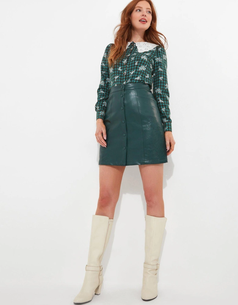 Embroidered PU Button Down Skirt - Green