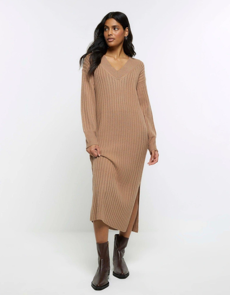 Rib Maxi Jumper Dress - Brown