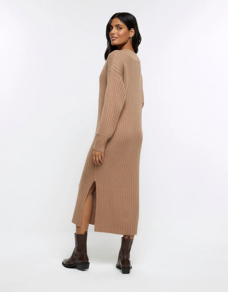 Rib Maxi Jumper Dress - Brown