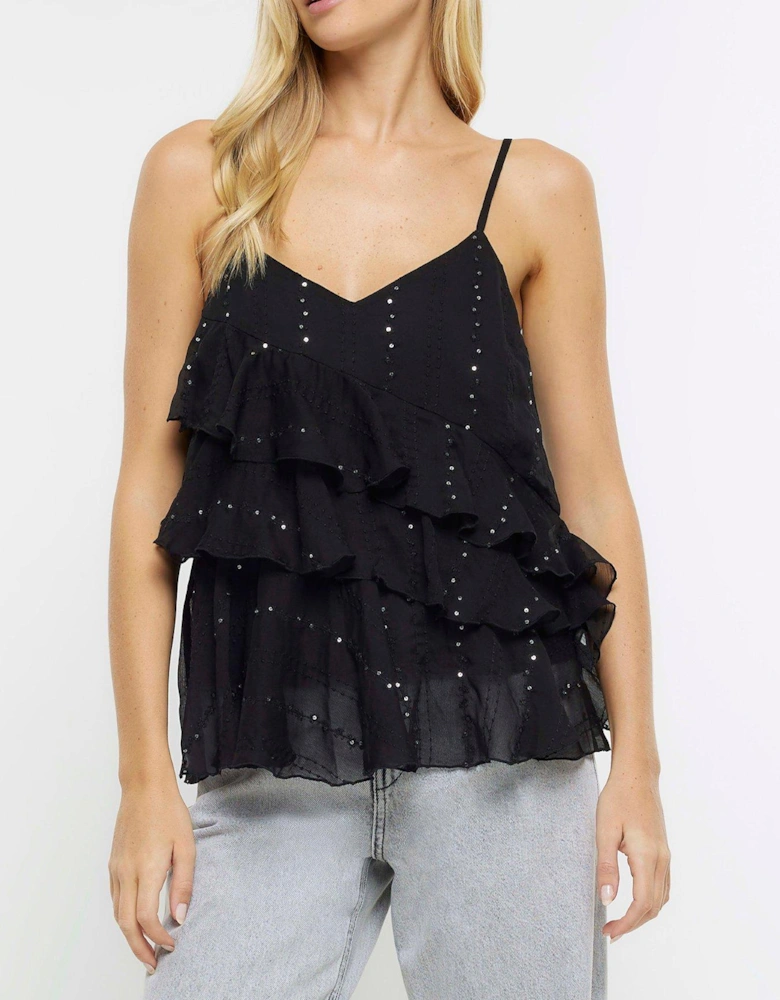 Embellished Ruffle Cami - Black