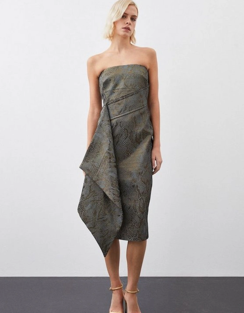 Jacquard Snake Drape Detail Tailored Bandeau Pencil Dress