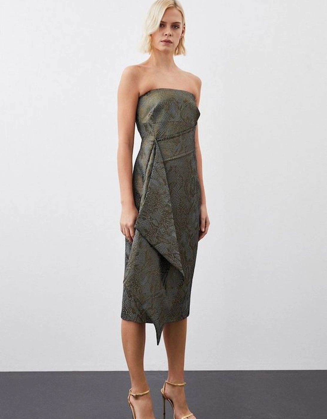 Jacquard Snake Drape Detail Tailored Bandeau Pencil Dress