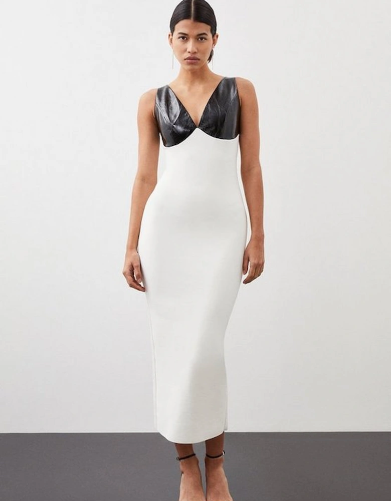 Figure Form Bandage Contrast Knit PU Midi Dress