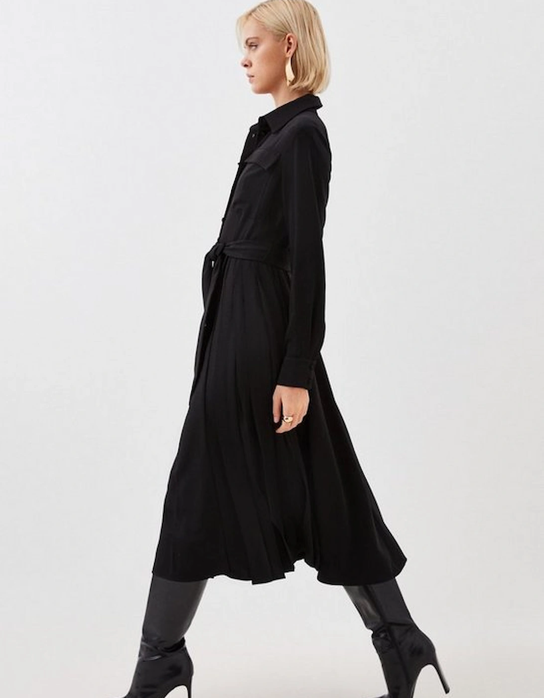 Soft Tailored Pleated Pocket Detail Midi Shirt Dress