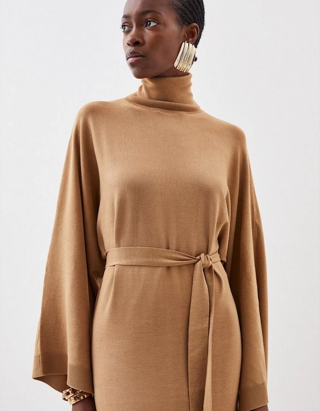 Viscose Blend Funnel Neck Belted Knitted Midi Dress