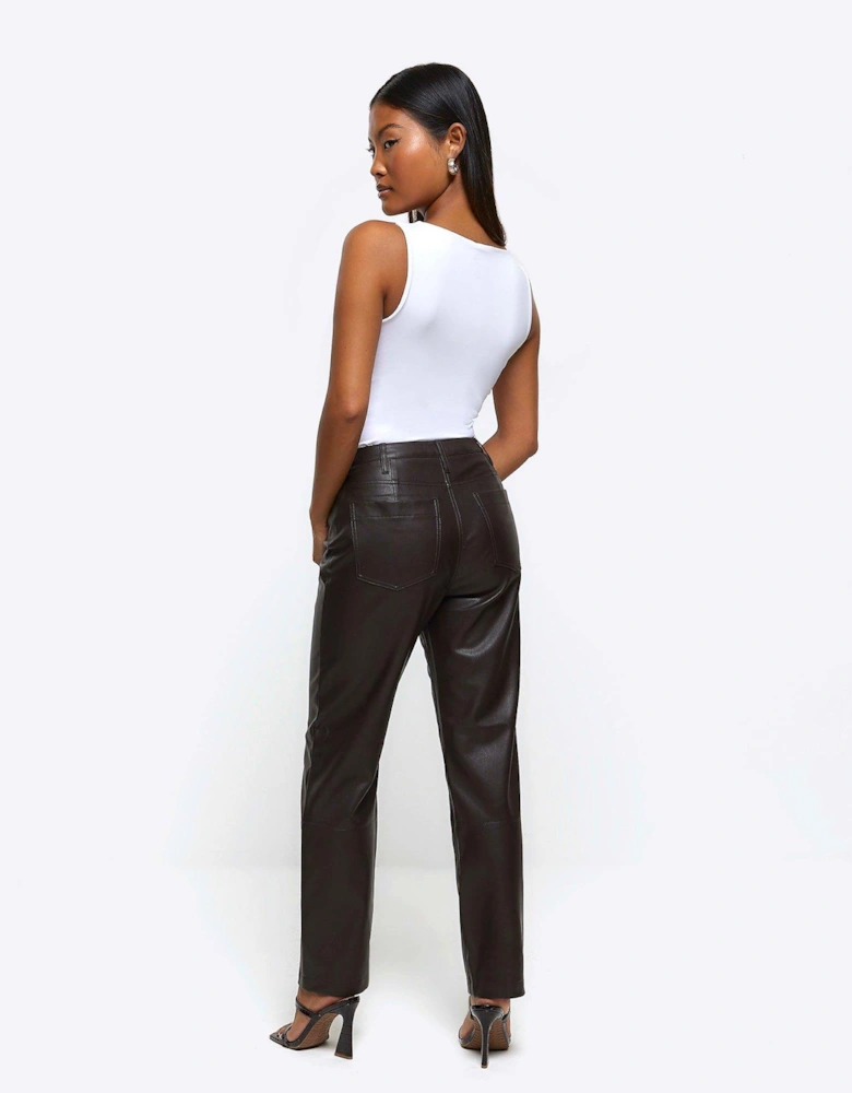 Petite PU Straight Leg Fitted Trouser - Brown
