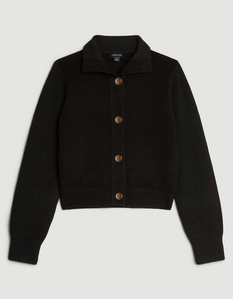 Compact Wool Blend Contrast Knit Sleeve Jacket