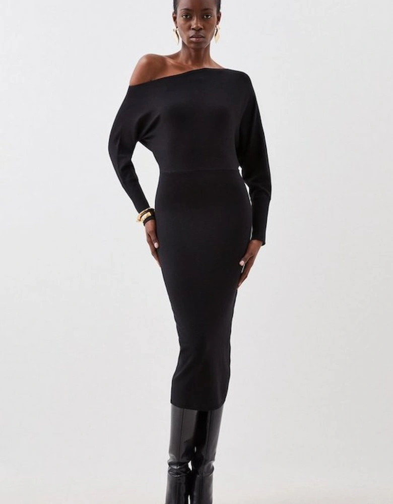 Viscose Blend Knit Asymmetric Neck Midi Dress