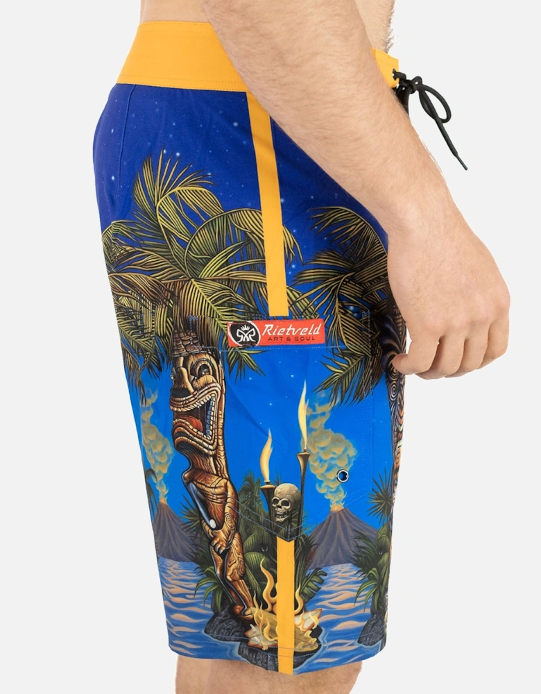 Mens Tiki Palms Surf Board Swim Shorts - Blue