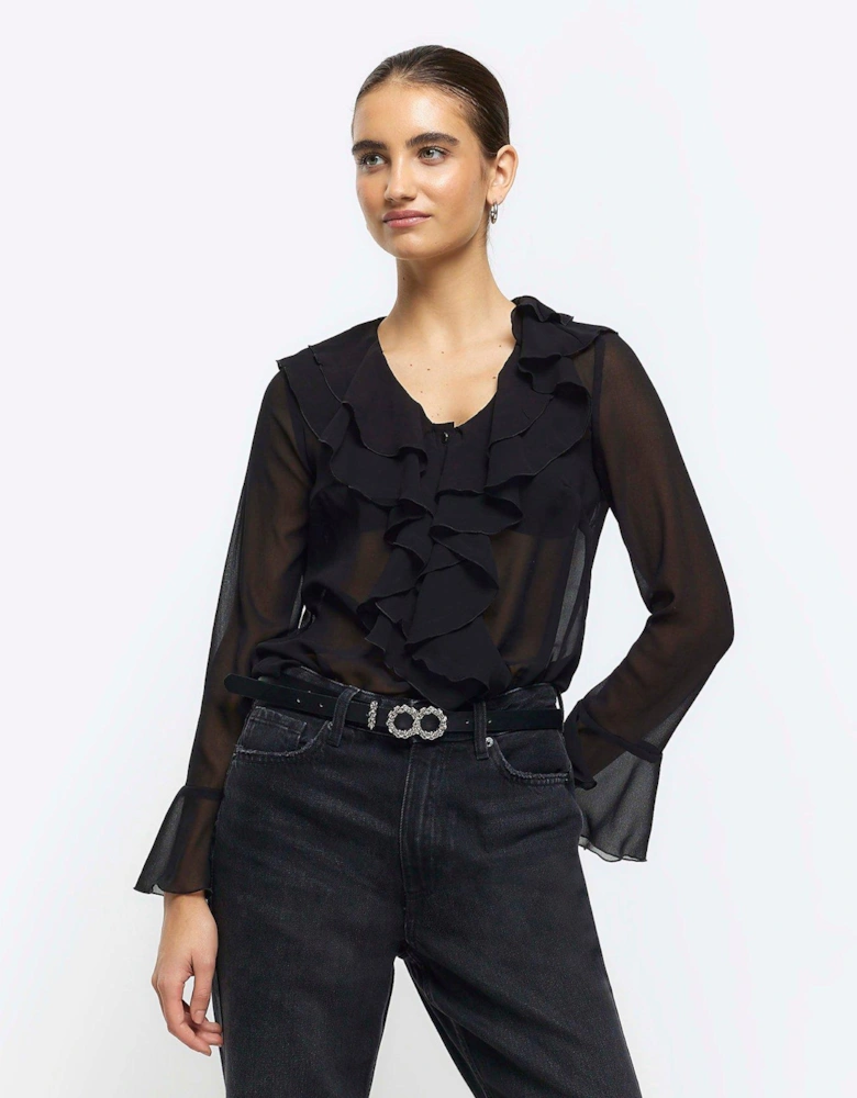 Frill Chiffon Blouse - Black