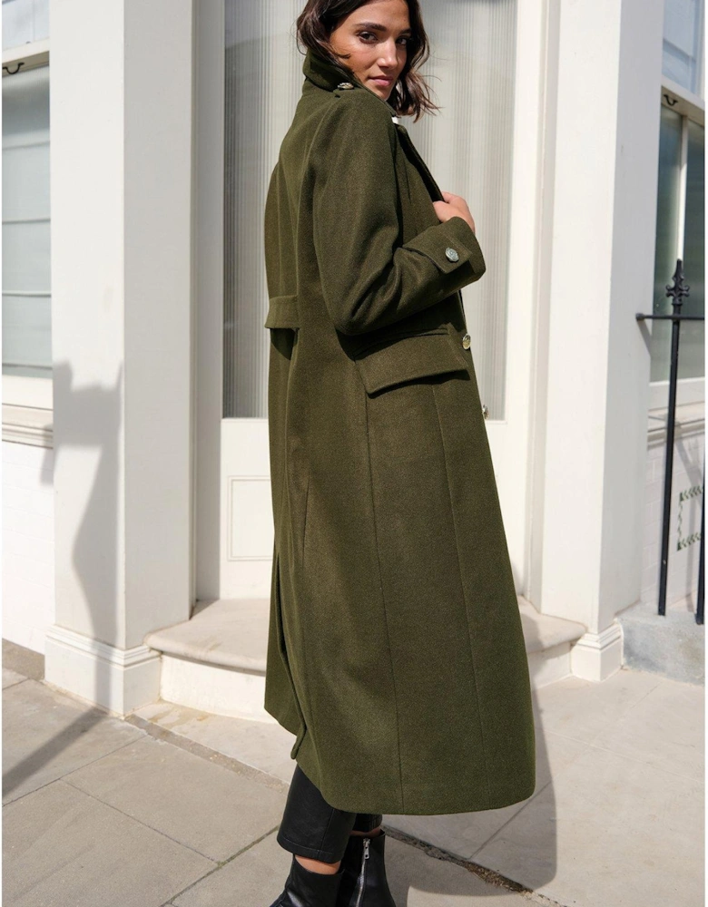 Premium Military Wool Longline Coat - Khaki