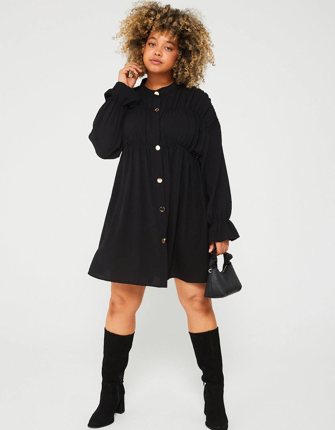Black Long Sleeve Gathered Detail Button Front Dress, 5 of 4