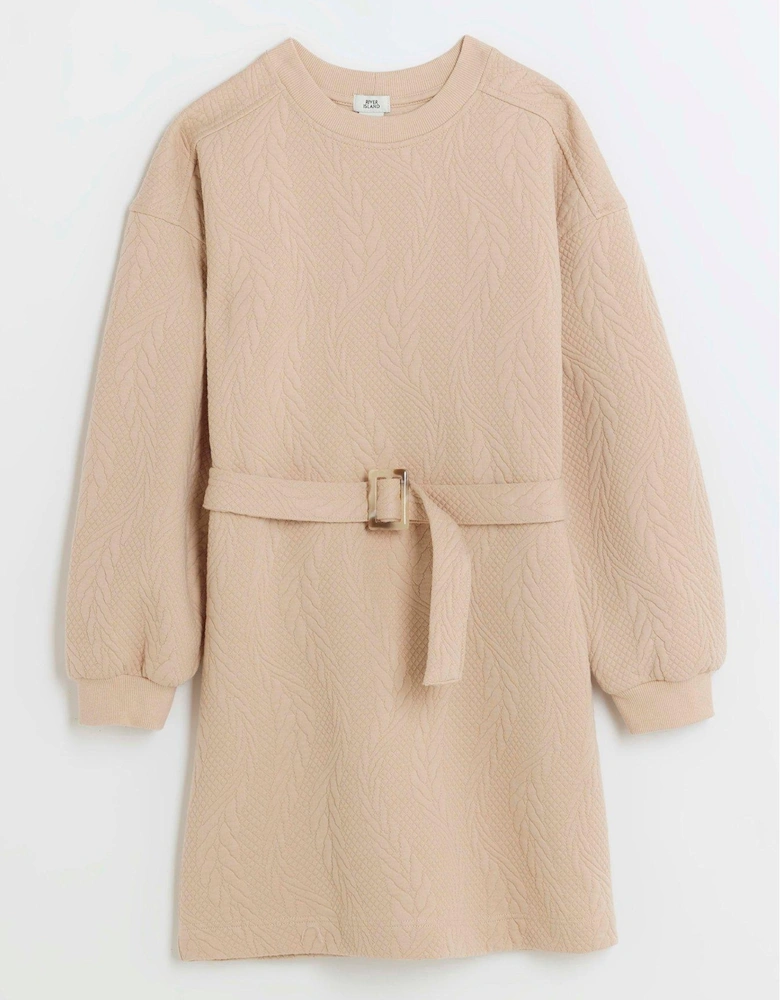 Girls Cable Texture Sweat Dress - Beige