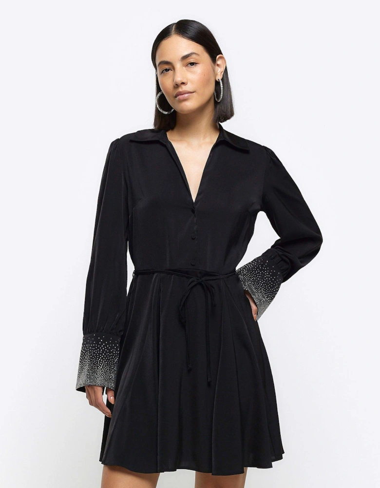 Sparkle Cuff Shirt Dress - Black