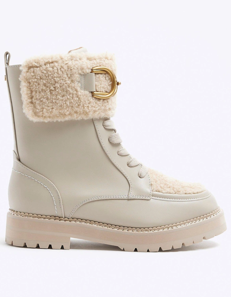 Borg Cuff Lace up Boot - Cream