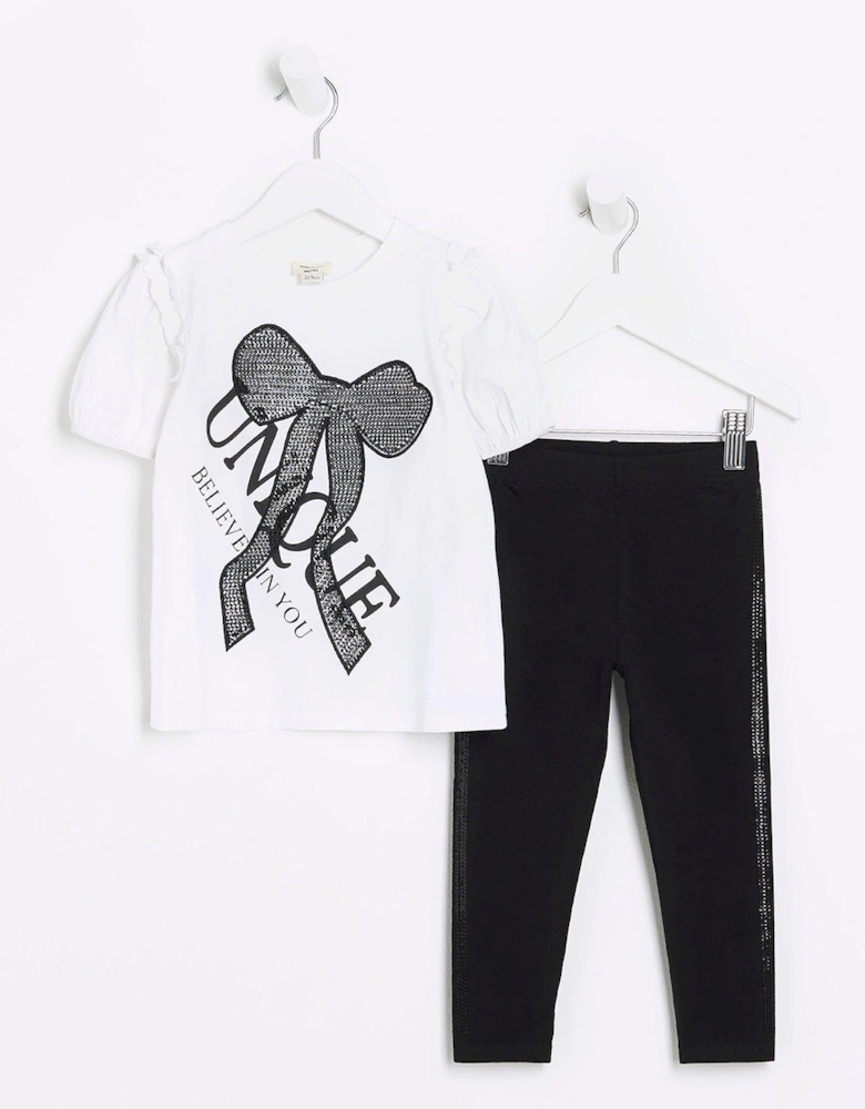 Mini Mini Girl Bow T-Shirt And Leggings Set - White