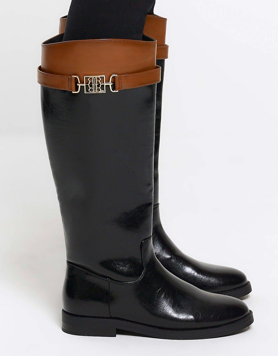Logo Strap Knee High Boot - Black