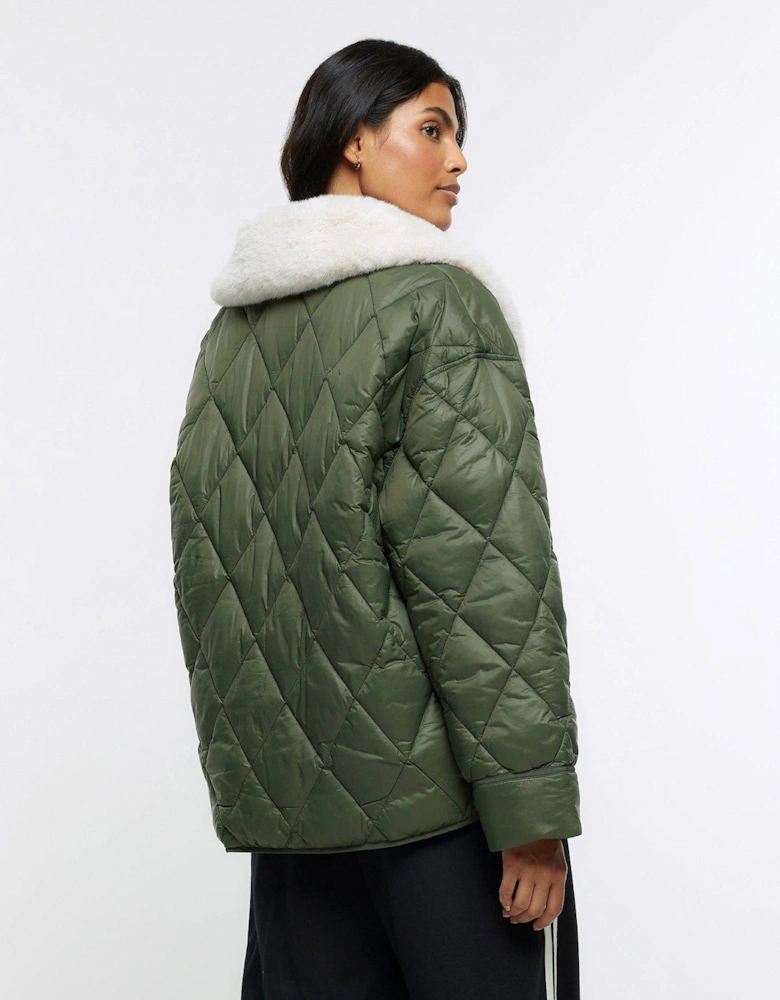 Faux Fur Collar Padded Jacket - Khaki