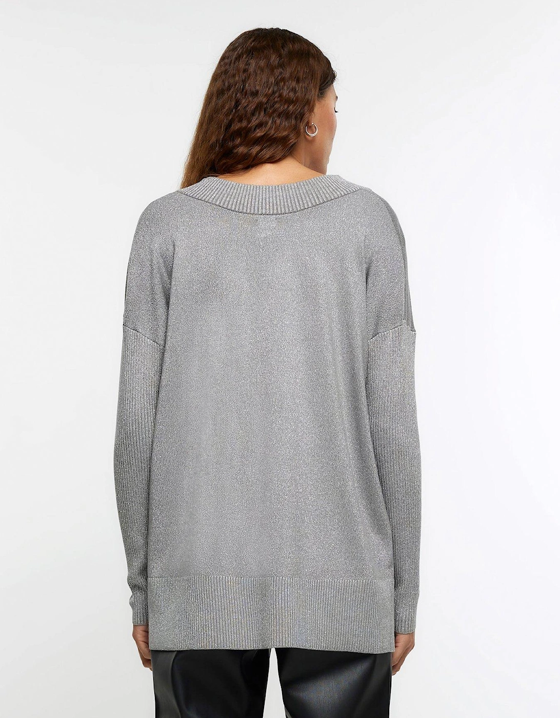 V Neck Fine Stripe Jumper - Silver