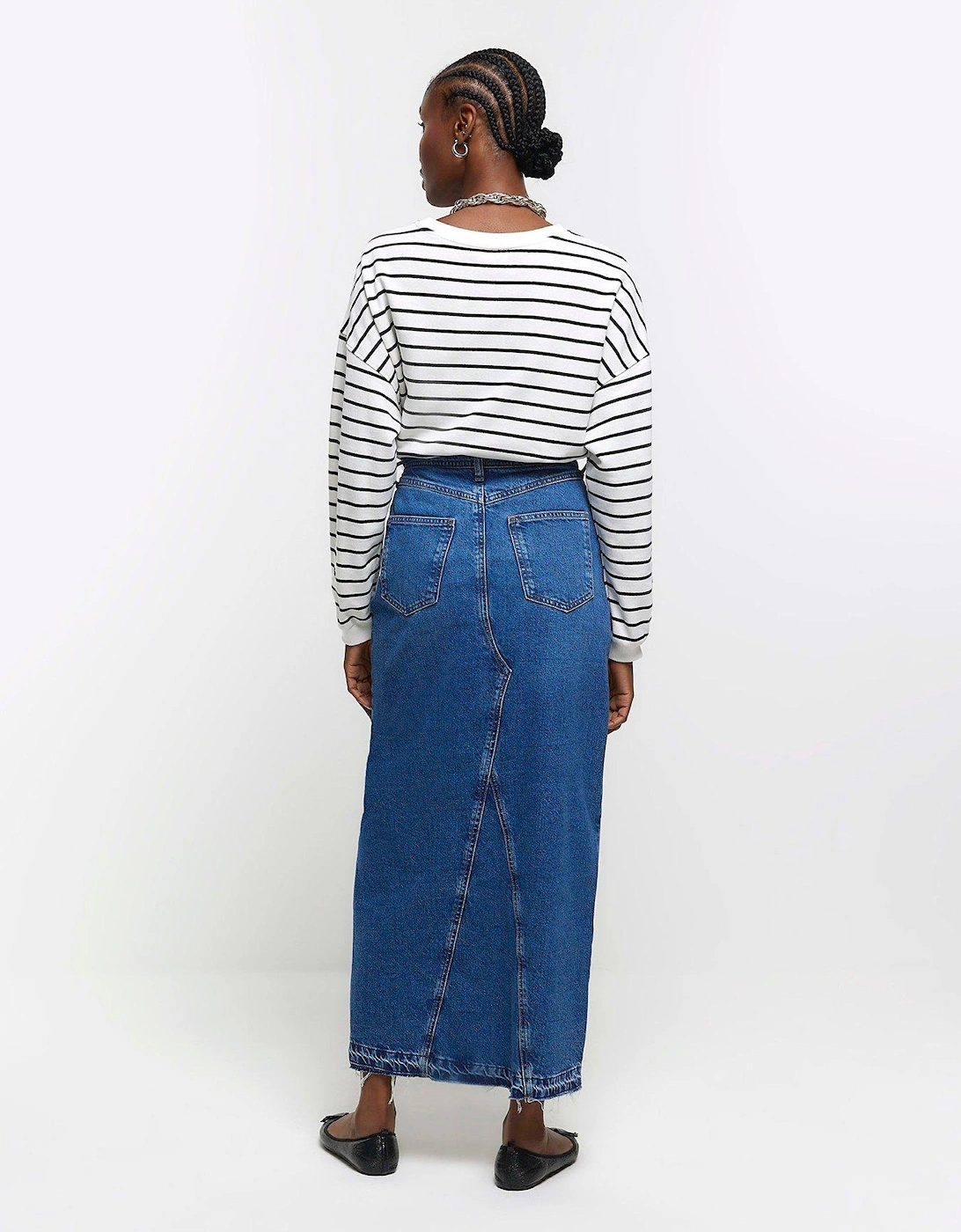 Asymmetric Waist Denim Maxi Skirt - Dark Denim