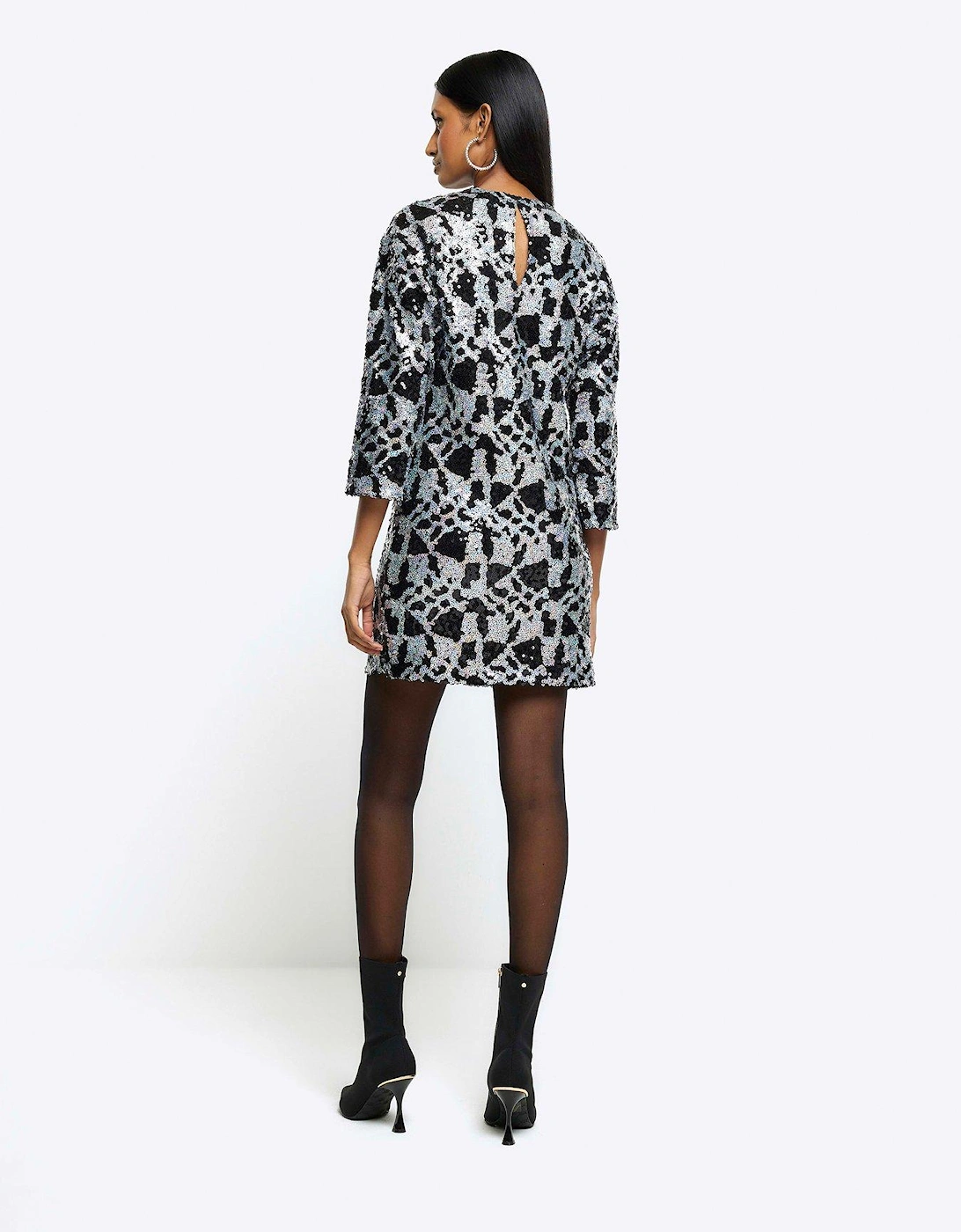 Abstract Sequin Smock Dress - Black